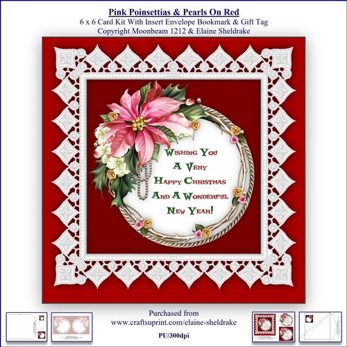 Pink Poinsettias Lace & Pearls On Red 6 x 6 Card Kit With Insert Envelope Gift Tag & Bookmark