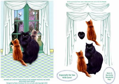 Mother Cat & Two Kittens Sitting at Window & Birds Decoupage