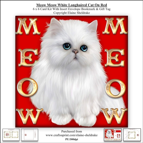Meow Meow Blue Eyed White Longhair Cat On Red - 6 x 6 Card Kit 