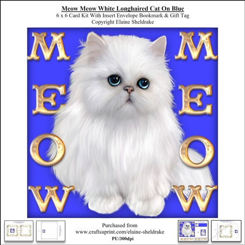 Meow Meow Blue Eyed White Longhair Cat On Blue - 6 x 6 Card Kit 