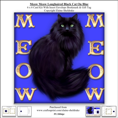 Meow Meow Black Longhair Cat On Blue - 6 x 6 Card Kit 
