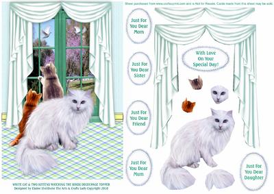 White Cat & 2 Kittens Watching Birds from a Window Decoupage