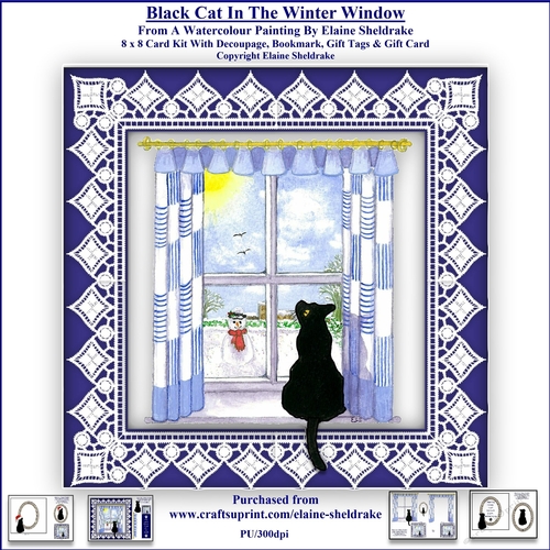 Black Christmas Cat In The Winter Window - 8 x 8 Card Kit