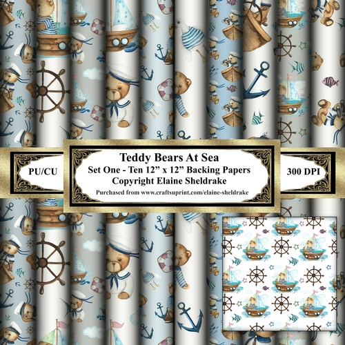 Teddy Bears All At Sea - Set One -  Ten 12 x 12 Backing Papers 