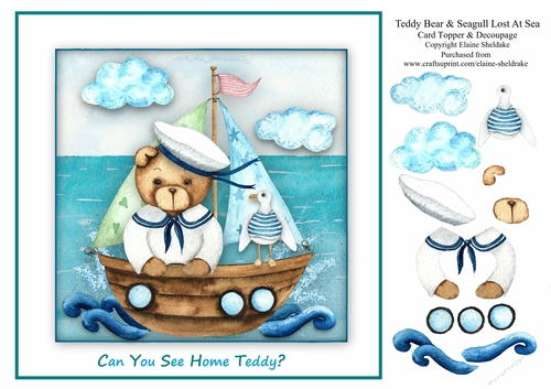 Teddy Bear And Seagull Lost At Sea - 8 x 8 Card Topper With Decoupage