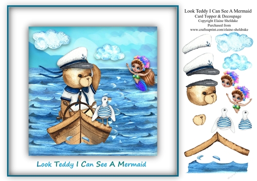 Look Teddy I Can See A Mermaid - 8 x 8 Card Topper With Decoupage