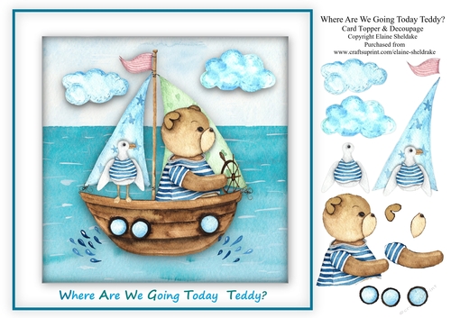 Where Are We Going Today Teddy? - 8 x 8 Card Topper With Decoupage