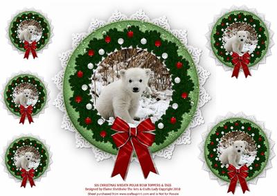 Six Christmas Holiday Wreath Polar Bear Toppers & Tags