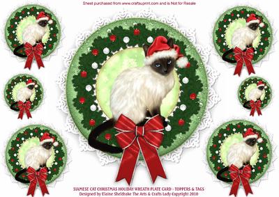 Siamese Cat Christmas Holiday Wreath - Plate Card - Toppers