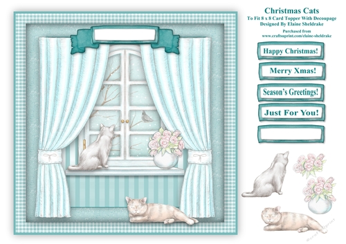 Christmas Cats In The Window - Square Card Topper With Decoupage