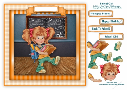 School Girl Back To School - Square Card Topper With Decoupage