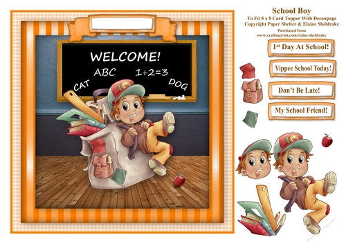 School Boy Off To School - Card Topper With Decoupage