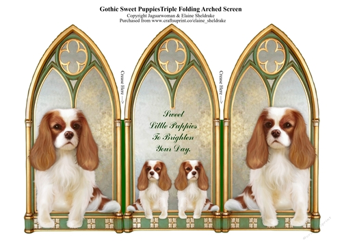 Triple Gothic Arch Folding Screen With Sweet Puppy Dogs