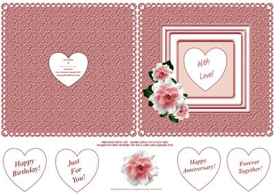 Pink Roses with Love Square Cut & Fold Card with Sentiments