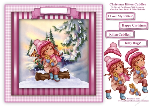 Christmas Kitten - Square Card Topper With Decoupage