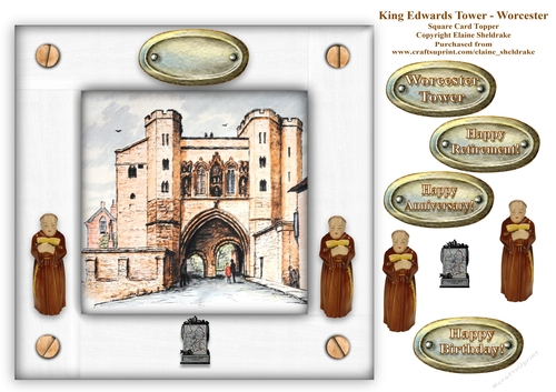 King Edwards Tower Worcester  - Square Watercolour Card Topper