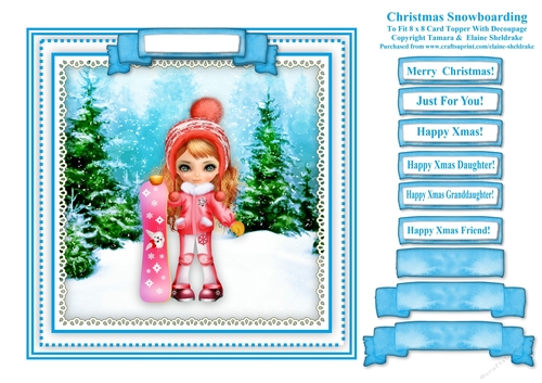 Christmas Snowboarding - Square Card Topper With Family Greetings Tags