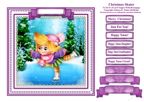 Christmas Ice Skater - Square Card Topper With Family Greetings Tags