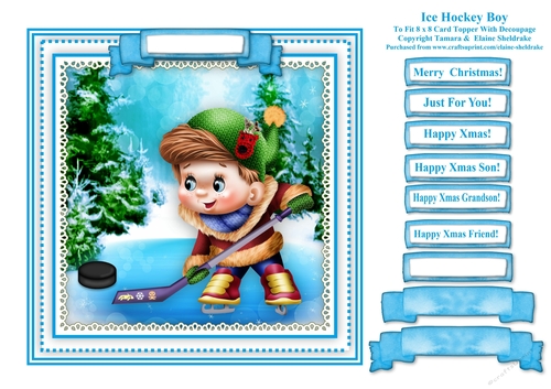 Christmas Ice Hockey Boy - Square Card Topper With Family Greetings Tags