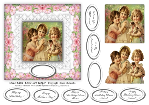 Sweet Girls - 6 x 6 Vintage Card Topper With Decoupage & Tags