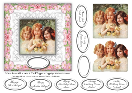 More Sweet Girls - 6 x 6 Vintage Card Topper With Decoupage & Tags