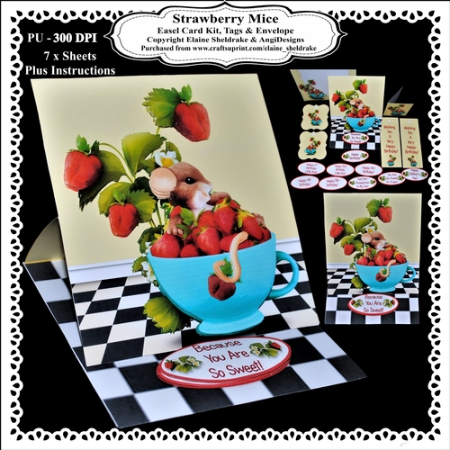 Strawberry Mice Easel Card Kit With Decoupage, Envelope, Tags & Greetings