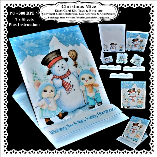 Christmas Mice & Snowman Easel Card Kit With Decoupage, Envelope, Tags & Greetings