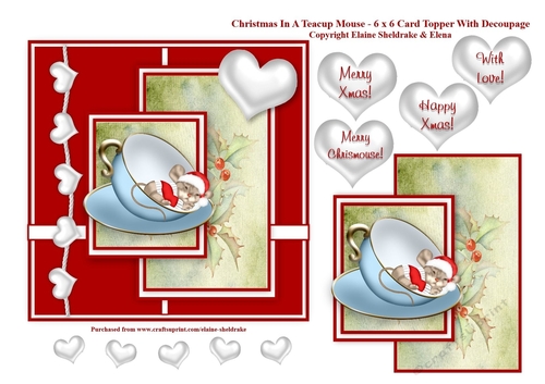 Christmas Mouse In A Teacup - 6 x 6 Card Topper With Decoupage & Tags