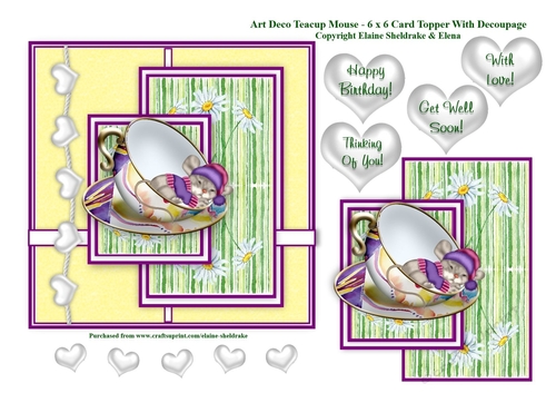 Art Deco Mouse In A Teacup - 6 x 6 Card Topper With Decoupage & Tags