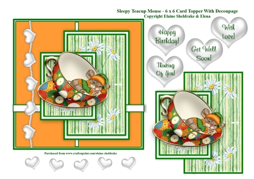 Sleepy Teacup Mouse - 6 x 6 Card Topper With Decoupage & Tags