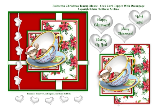 Poinsettia Christmas Mouse In A Teacup - 6 x 6 Card Topper With Decoupage