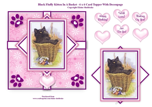 Black Fluffy Kitten In A Basket - 6 x 6 Card Topper With Decoupage & Tags