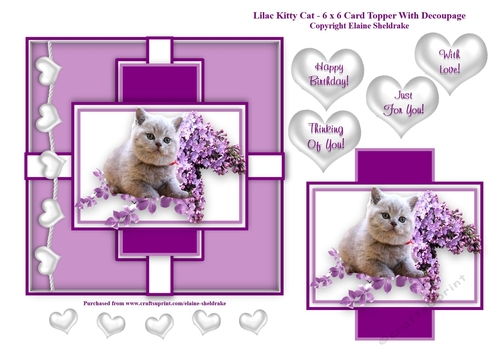 Lilac Kitty Cat - 6 x 6 Card Topper With Decoupage & Tags