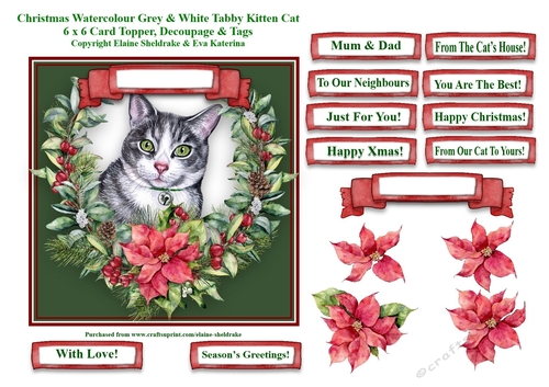 Christmas Poinsettias Watercolour Grey & White Tabby Cat - 6 x 6 Card Topper With Decoupage & Tags