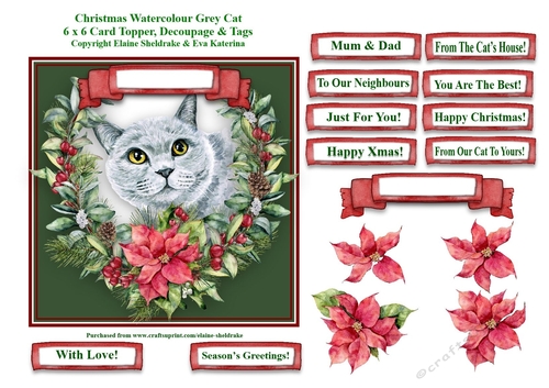 Christmas Poinsettias Watercolour Grey Cat - 6 x 6 Card Topper With Decoupage & Tags