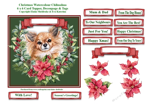Christmas Poinsettias Watercolour Chihuahia Puppy Dog - 6 x 6 Card Topper With Decoupage & Tags