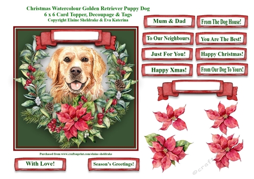 Christmas Poinsettias Watercolour Golden Retriever Puppy Dog - 6 x 6 Card Topper With Decoupage & Tags