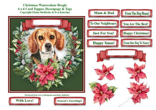 Christmas Poinsettias Watercolour Beagle Puppy Dog - 6 x 6 Card Topper With Decoupage & Tags