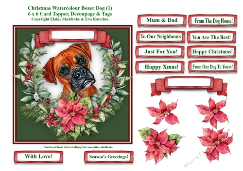 Christmas Poinsettias Watercolour Boxer (1) Puppy Dog - 6 x 6 Card Topper With Decoupage & Tags