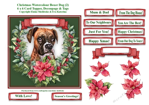 Christmas Poinsettias Watercolour Boxer (2) Puppy Dog - 6 x 6 Card Topper With Decoupage & Tags