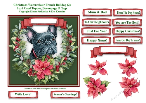 Christmas Poinsettias Watercolour French Bulldog (2) Puppy Dog - 6 x 6 Card Topper With Decoupage & Tags