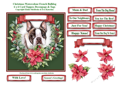 Christmas Poinsettias Watercolour French Bulldog (1) Puppy Dog - 6 x 6 Card Topper With Decoupage & Tags