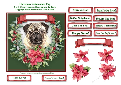 Christmas Poinsettias Watercolour Pug Puppy Dog - 6 x 6 Card Topper With Decoupage & Tags
