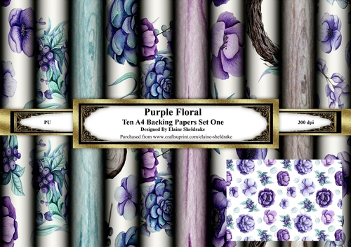 Winter Purple Flowers - Set One - Ten A4 Sheets of Backing Paper