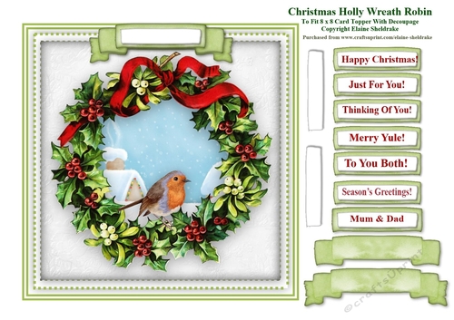 Christmas Holly Wreath Robin Card Topper & Tags