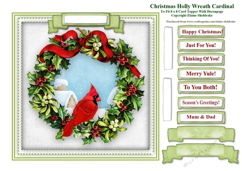 Christmas Holly Wreath Cardinal Card Topper & Tags