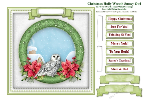Christmas Poinsettia Wreath Snowy Owl Card Topper & Tags