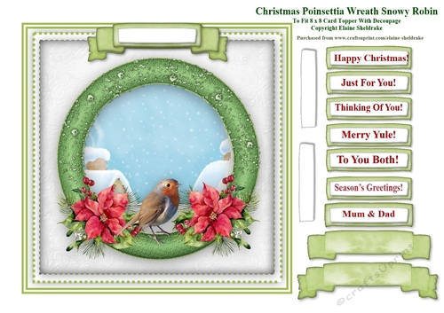 Christmas Poinsettia Robin Wreath Card Topper & Tags