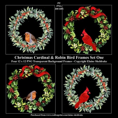 Christmas Cardinal & Robin Wreath Frames x 4 PNG