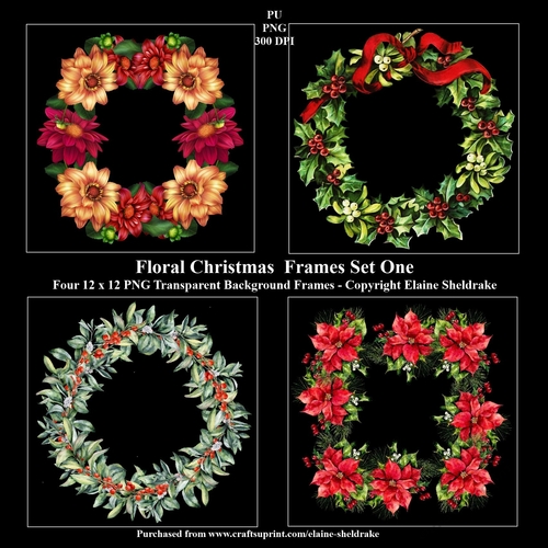 Christmas Floral Wreath Frames Set One x 4 PNG